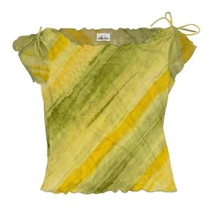 Karen Sport yellow green tie dye sleeve tie Y2K lettuce hem Tshirt women’s small